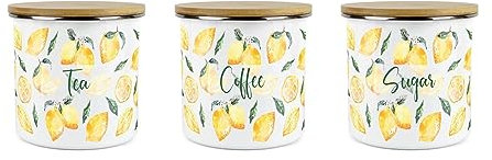 Purely Home Lemons Storage Canister Set - White Metal Tea Coffee Sugar Enamel Kitchen Food Storage Containers Set of 3