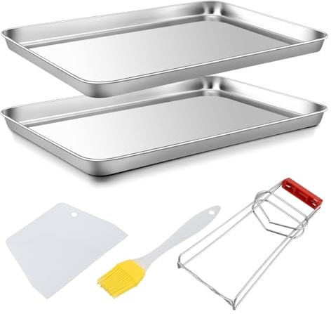 KWJEIULSOQ 2 Stücke Backblech Klein Grillschale Edelstahl Grillpfanne Backbleche-Set,Gasgrill Auflaufform Edelstahl Schale Rechteckig,Backofenblech Inklusive Schaber Ölbürste und Verbrühschutzclip