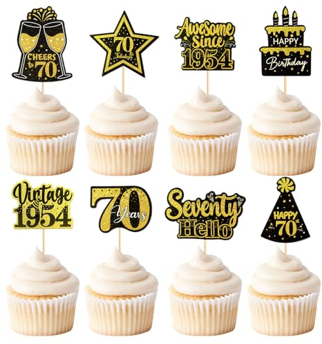 Blumomon 24 Pcs Gold 70th Happy Birthday Cake Topper Glitter Happy 70th Cupcake Topper Cheers to 1954 Cake Decoration for 70th Birthday Party Decoration Supplies 70th Anniversary Cake Topper