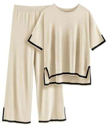 Tuopuda Tuta da Donna Autunnale Invernale Primavera Completo Elegante Set di Pantaloni a Gamba Larga e Maglione Manica Corta Girocollo 2 Pezzi, Beige, XL