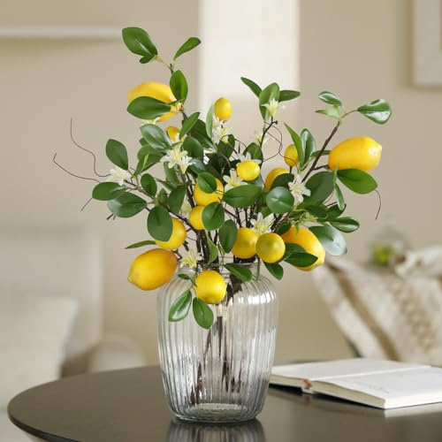 Laelfe Rami di Limone Artificiale, Bouquet di 8 Teste di Limoni Gialli Finti su Steli Lunghi con Rami di Salice, Rami di Limone Finto per Cucina, Sala da Pranzo, Camera da Letto e Tavolo