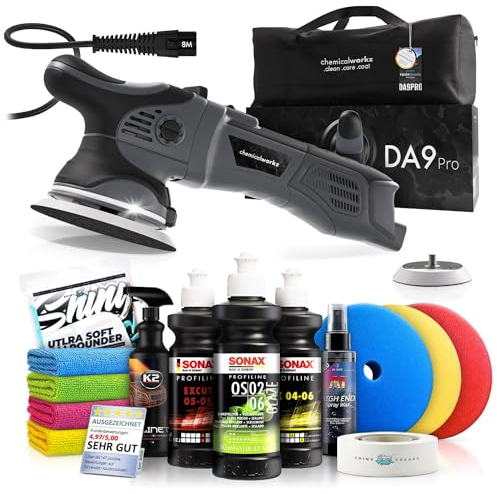 Poliermaschinen Set: chemicalworkz DA9 Pro Exzenter Poliermaschine + Sonax Politur Set + Royal Pads Premium Polierpads + Dr. Wack Lackversiegelung + Zubehör | 14-teilig
