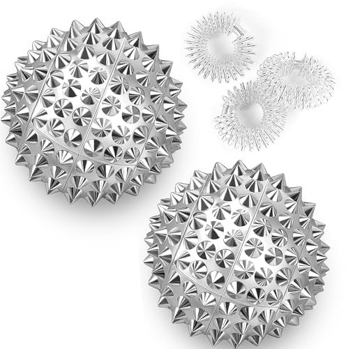 Huoberr 2 Stücke Magnetic Acupressure Balls &3 Stücke Massageringe für Finger Igelball Massage Small 47 mm Durchmesser Skills Borderline Set für Stress Relief oder Massage (Sliver)