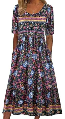 ABINGOO Femmes D'été Robe Manches Courtes Col Rond Robe Bohème Chic Fleurie Imprimé Robe Tunique de Plage Décontractée Midi Robe(Fleur Bleu,L)