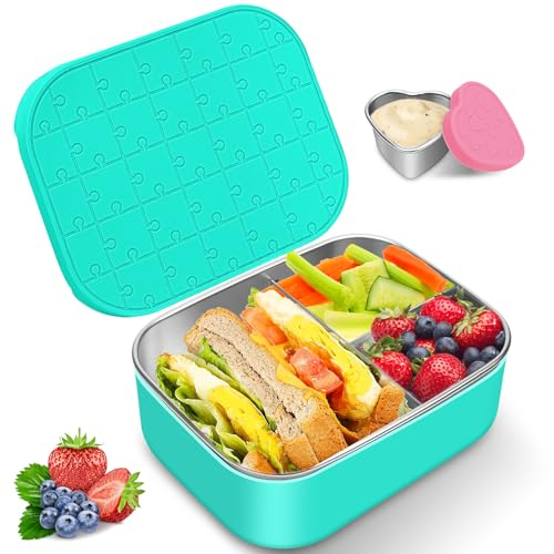 Small Stainless Steel Bento Lunch Box - Reusable Divided Metal Snack Bento Box 3-Compartment Food Meal Prep Storage Lunch Containers Leakproof with Dip Container,Dishwasher,Freezer Safe, BPA-Free
