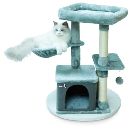 MaxxPet Kratzbaum - Katzenspielzeug - Kratztonne - Katzenhaus - Katzenkratzbaum 4 Etagen - 3 Liegeplätze + Katzenhaus mit zusätzlichen Spielzeugen - 40x30x77cm - Grau
