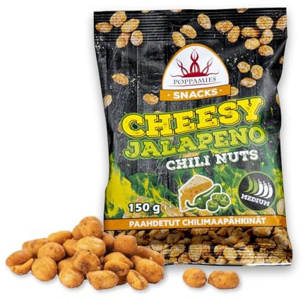 Poppamies Cheesy Jalapeno Chili Peanuts - Spicy Nuts are Great Choice for Snacking - Gluten Free - Spiciness: Medium - 150g