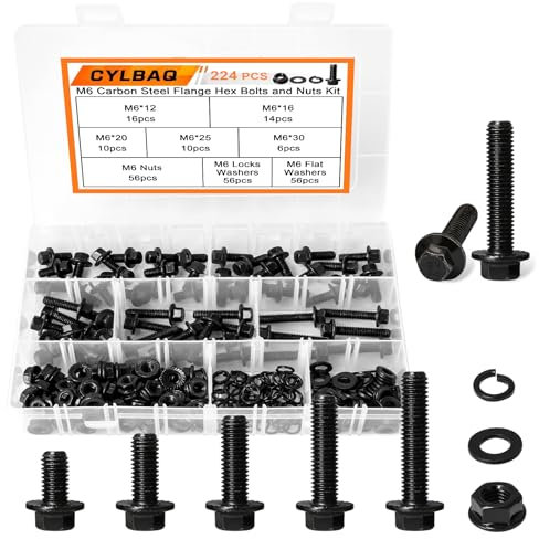 M6 Flansch Schrauben Sechskantschrauben, Kohlenstoffstahl Flanschbolzen mit Flansch Muttern und Schrauben Sortiment mit Aufbewahrungskoffer 12/16/20/25/30mm