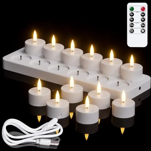 Eldnacele Rechargeable LED Tea Lights Candles with Remote Timer, 12 Pcs Battery Operated Flameless Tealights with Charging Base, Flickering LED Tealight Candles for Christmas Decorations
