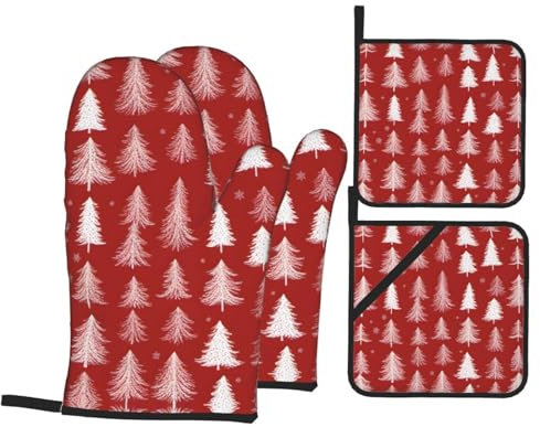 Chrycm Ensemble de gants de cuisine et maniques en forme d'arbre de Noël - Rouge - Résistance à la chaleur pour barbecue