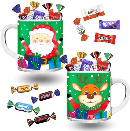 2 Tasses en verre de Noël garnies de 20 chocolats assortis : Célébrations, Milka, Kinder Schokobons et Mini Bueno, Daim | Un cadeau Original pour gâter les Gourmands à Noël