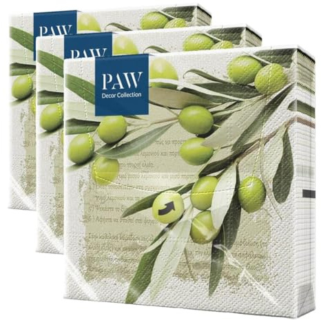 PAW - Servietten 3-lagig (33 x 33 cm) I 20 Stück I Perfekt für Geburtstage, Partys, Hochzeiten, Kommunion und Feiern I Tischdeko Bunte Papierservietten - Griechische Oliven I Greek Olives