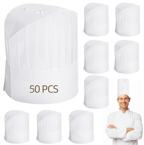 CACAZI 50 cappelli da chef usa e getta, regolabili, con fori traspiranti, in tessuto non tessuto, unisex, per casa, ristorante, cucina, lavori domestici, catering, feste, 50 pezzi., 1
