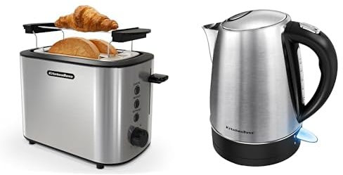 KitchenBoss Toaster 2 Scheibenmit Brötchenaufsatz und Krümelschublade, 6 Bräunungsstufen+ KitchenBoss Wasserkocher 1,7L Wasserkocher Edelstahl：Elektrischer Wasserkocher mit Kalkfilter, 2100W