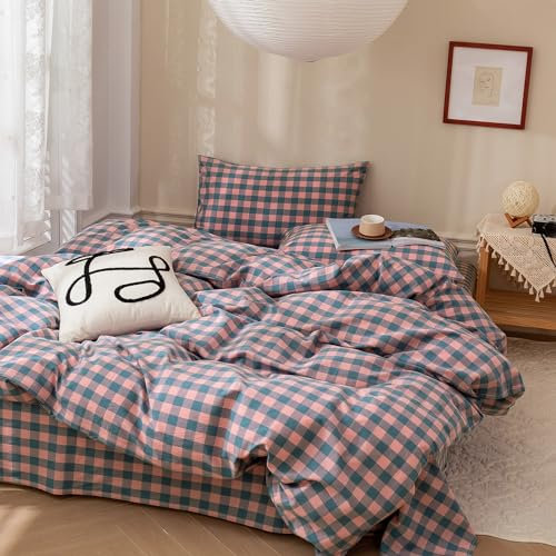 Set di biancheria da letto matrimoniale Queen in 100% cotone lavato, motivo a quadri, 3 pezzi, con 2 federe, lussuoso, morbido, rosa, blu, a quadri, traspirante