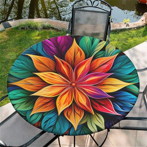 Outdoor Runde Tischdecke mit Gummizug Ø 36(90cm) - Elastisch Garten tischdecke mit Bunte Blumen Muster Passend für 75-85cm breite Tische
