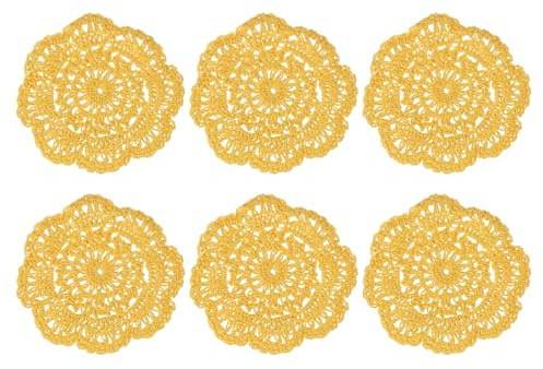 sourcing map 6 centrini all'uncinetto fatti a mano, 10,2 cm, tovagliette rotonde in tessuto, sottobicchieri in pizzo, per artigianato, uso quotidiano, festival, decorazione della casa, giallo