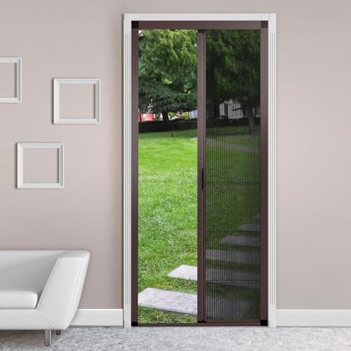 Puerta mosquitera retráctil sin taladro, marco de aluminio y diseño de malla a prueba de insectos para puertas individuales/dobles, tamaño personalizado disponible (marrón)