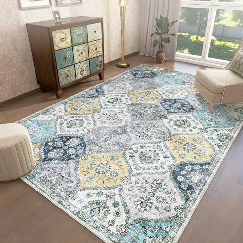 LuxFocus Teppich Wohnzimmer 160x230cm Vintage Blumen Kurzflor Blau Gelb | ca. 6mm Ultradünn, Waschbarer Boho Teppich für Schlafzimmer Esszimmer Büro, marokkanisch, boho, floraler, rutschfest, faltbar
