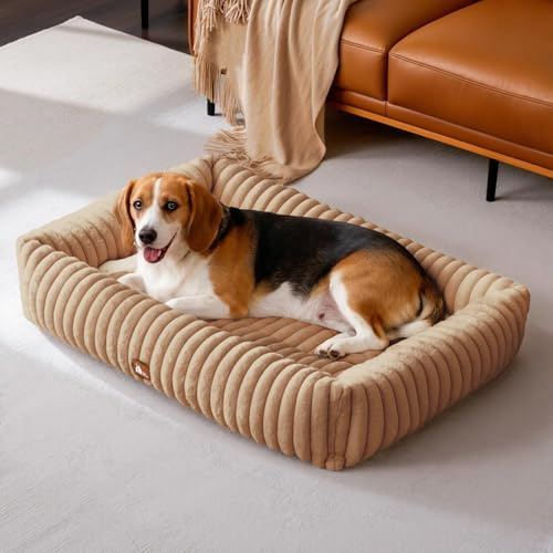 Upvilla Luxusweicher Hundekorb, Super Weiches hundebett Grosse Hunde, 4-seitiges Nackenkissen, Abnehmbare Waschbare Hundematte, Hundesofa mit Griffen, Haustierbett (Warmsand, 92 * 69 * 20cm)