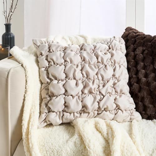 OHS Set of 2 Cushion Covers 45 x 45 Thick Quilted Decorative Square Throw Pillow Cover with Invisible Zipper Quilted Cushion Covers for Sofa Living Room Bedroom, Natural