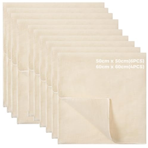 10 Piezas Telas Filtrantes Reutilizable, Paños de Muselina para Cocinar | 50x50cm & 60x60cm Cheese Cloth, Tela para Queso Filtros, para Colar Jugo, Queso, Té, Especias, Tofu, Café, Batidos de Frutas