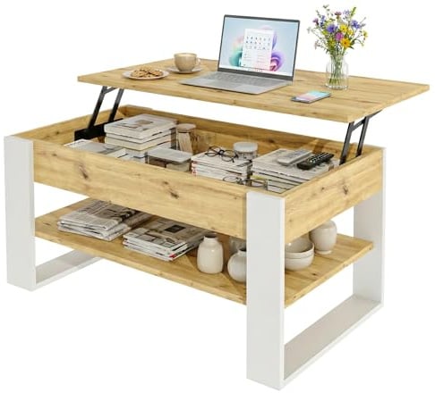 möbelkap Couchtisch mit anhebbarer Platte | Höhenverstellbarer Wohnzimmertisch mit Stauraum | Sofatisch Eiche Artisan Weiß modern mit Ablage & verstecktem Fach – Coffee Table für Wohnzimmer & Büro
