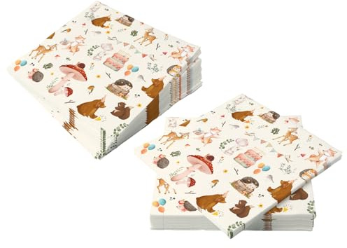 CHUNLINLAODA 40 Stück Wald Tier Party Servietten, 33x33cm Dschungel Deko Geburtstag Papierservietten, Serviette Herbst, Wald Geburtstag Deko, Tier-Papierservietten, Papierhandtuch (Beige)