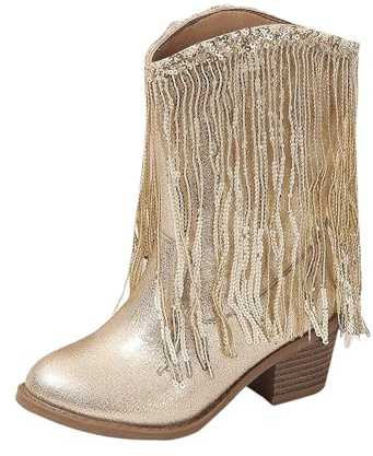 Generisch Stivali da cowboy occidentale alla moda per ragazze in tinta unita Stivali casual invernali con nappe per bambini, gold, 33 EU