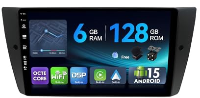 [6G+128G,Octa-Core] - Autoradio für BMW E90/E91/E92/E93 (2005-2012) | Android 16 GPS Navi Radio | CarPlay Android Auto Lenkradsteuerung Dual-Band WiFi DSP DAB | Rückfahrkamera MIC 2 Din 9 Zoll