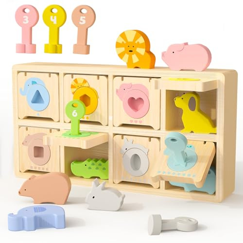 Teekdeer Montessori-Spielzeug für 3 Jahre, Holzschlüssel und Schlösser, Set mit 8 Holztieren und Schlüsseln, Feinmotorikspielzeug für Kleinkinder, Vorschulpädagogisches Spielzeug für 3 + Jungen und