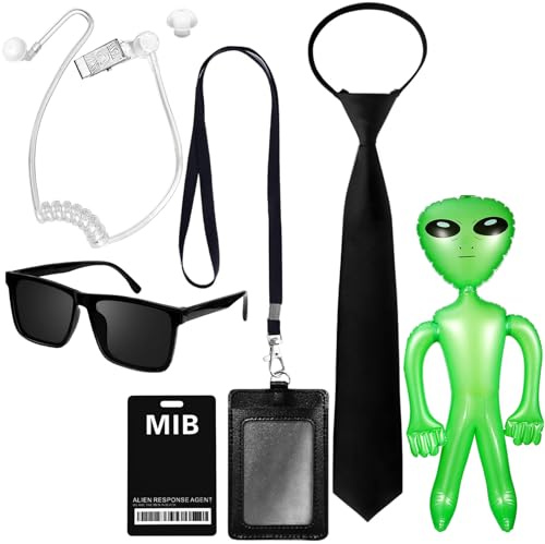 JYSNOW Agent Kostüm Zubehör FBI, Set mit 5, Men in Black Kostüm Accessories | Geheimdienst Kostüm Set, mit Sonnenbrille, Kabelbinder, Geheimdienstausweis, Kartenhalter, falsche Kopfhörer, für Cosplay