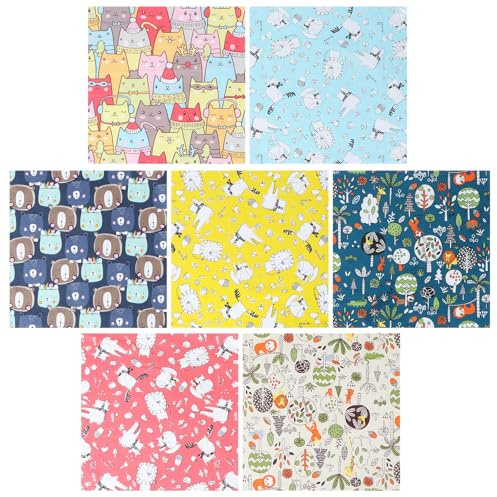 Parliky 7 Stück Baumwollstoff mit Comic Tiermotiven 50x50cm Patchworkstoff zum Nähen von Kinderkleidung und Selbstgemacht Bastelprojekten