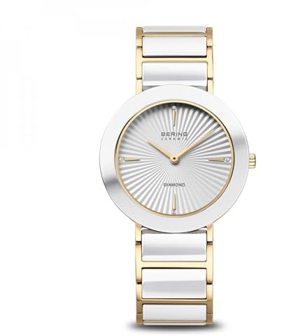 BERING Ceramic Damenuhr 11435-758, Quarz, Edelstahl mit Keramik, Silber-Gold, Saphirglas, 4 Diamanten, 34 mm