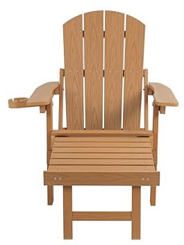 Folding Adirondack Chair with Pull-Out Ottoman & Cup Holder – Weather-Resistant HIPS Outdoor Lounge Chair for Patio, Backyard, and Poolside (Teak Color)