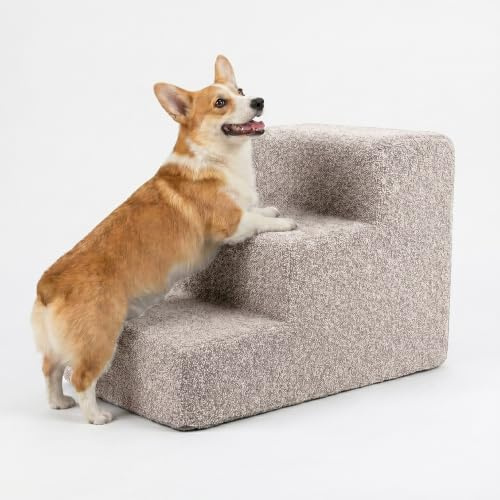 murando - Scala per Cani Piccoli, 3 Gradini 30cm, Scaletta per Cani e Gatti | Scale per Cani, Rampa in Schiuma Antiscivolo, per Letto Matrimoniale, Copertura Sfoderabile, Bouclé Grigio, Produzione EU