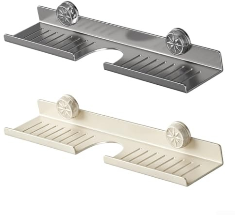 Sandyseptember Mensola portaoggetti da bagno in noce e metallo, con ventose, installazione senza attrezzi sopra il lavandino, design salvaspazio (50 cm bianco)