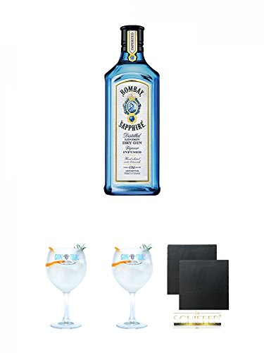 Bombay Sapphire Gin 0,7 Liter + Gin Sul Copo Ballon Glas 1 Stück + Gin Sul Copo Ballon Glas 1 Stück + Schiefer Glasuntersetzer eckig ca. 9,5 cm Ø 2 Stück