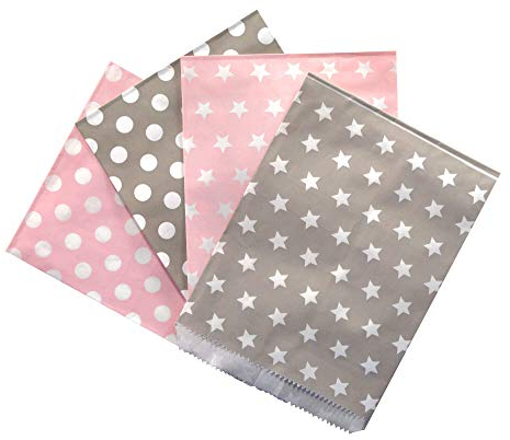 Frau WunderVoll® 100 PAPIERTÜTEN IM Set 9, 4x25 Stück: rosa Sterne, Taupe Sterne, rosa Punkte, Taupe Punkte 13x16,5cm, 45Gramm Papier, flach/Hochzeit, Papiertütchen, Mitgebseltüten