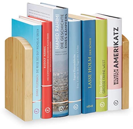 Relaxdays Buchstütze 2teilig, Buchtrenner für CDs, DVDs u. Bücher, Buchwinkel aus Bambus, HBT: 17x11,5x12,5 cm, natur