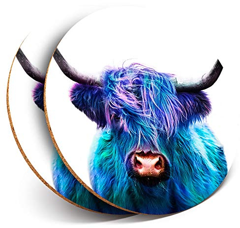 2 x Round Coasters - Pop Art Highland Cow Pink Rainbow - Cork Backed Home Kitchen Accessory Tea Coffee Mug Mat #21684