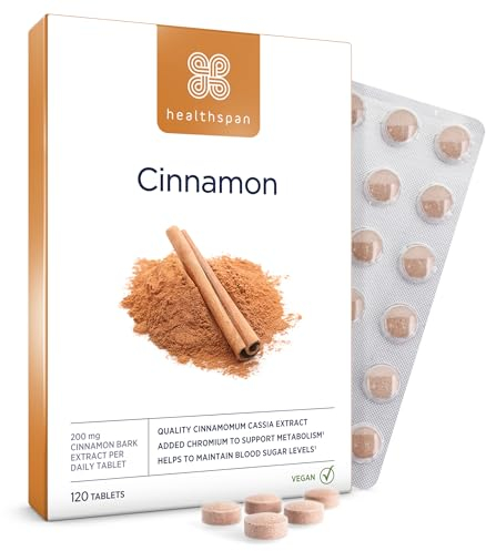 Healthspan Zimt 1.000 mg (120 Tabletten) | Unterstützt den Stoffwechsel | Chrom zur Aufrechterhaltung des Blutzuckerspiegels | Inspiriert von der ayurvedischen Kultur | Vegan