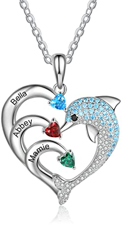 ALBERTBAND Personalisierte Herz Delphin Halskette mit 2-8 Namen Eingravier Geburtsstein Anhänger für Frauen Familienversprechen Halskette zum Valentinstag Schmuck Geschenk (3 names)