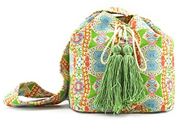 MODELISA - Bolso Bandolera Saco Borla Paja Estampado Viaje Mujer (Verde/Azul)