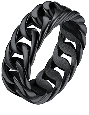 FindChic Herren Ring Edelstahl Kubanischer Kettenring 7,0mm breit Damen Gothic Fingerring Hip Hop Männerringe Schwarz 09