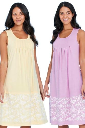 Chums Ladies Sleeveless Cotton Nightdress with Bottom Print Pack of 2 | Twin Set of Nighties, Lightweight & Breathable with Pretty Detailing