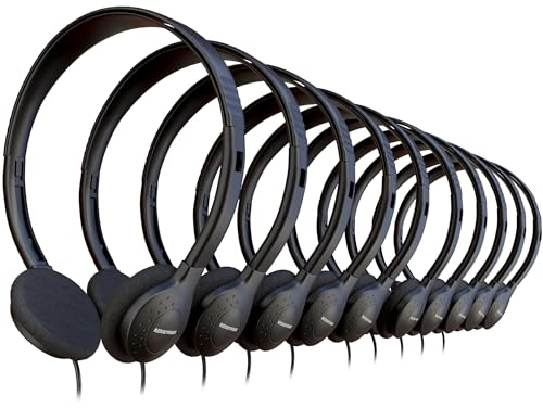 10 Pack Bulk Wired Headphones, On Ear with 3.5mm Jack, 4ft Tangle Free Cable, Comfortable Fit, Affordable and Cost Effective, Ideal for School Classroom Testing Students Events Groups, Black