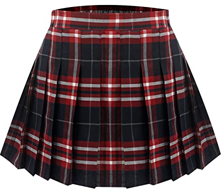 Happy Cherry Damen Kariert Faltenrock Elastisch Taille Minirock Klassischer Plaid Rock mit Hose Drunter Tennis Sportrock