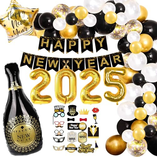 Silvester Deko 2025 Luftballon Goldene Schwarz, Happy New Year Party Dekorationen 2025, Silvester Party Dekoration Set mit Konfetti Ballons, Happy New Year Banner, 2025 Foto Requisite Party Deko