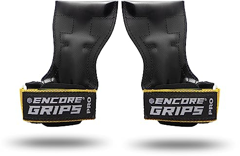 Encore Grips® Zughilfen für Krafttraining Fitness Bodybuilding Gewichteheben Kraftsport Lifting, mit Handgelenk Handbandage Gewichte Training Handschuhe Griffe Gym Equipment (Gelb, L)